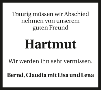 Traueranzeige von Hartmut Schlipf 