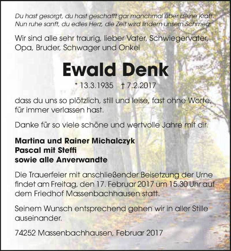  Traueranzeige für Ewald Denk vom 14.02.2017 aus 