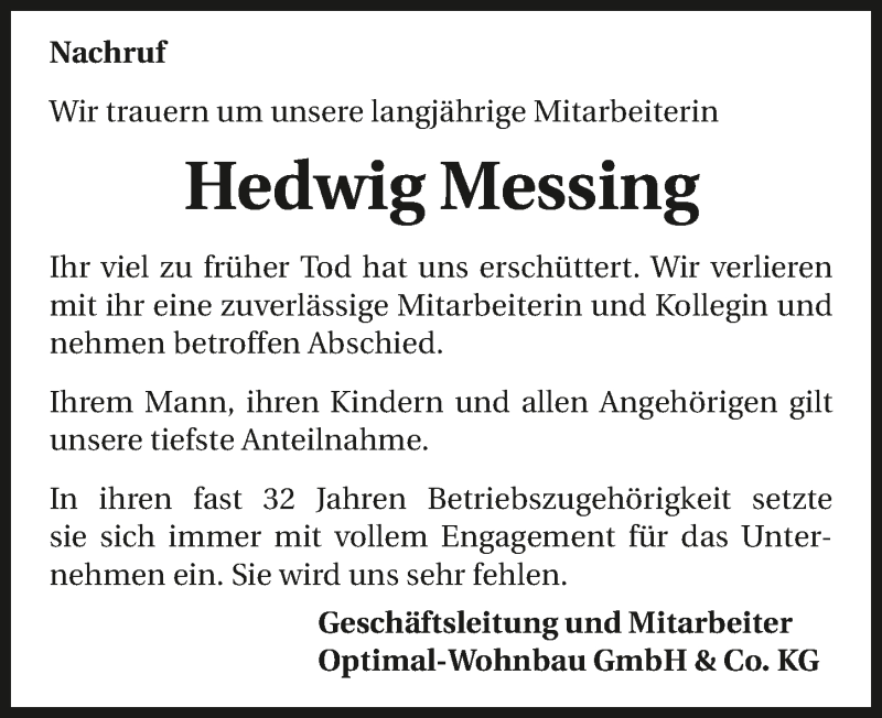  Traueranzeige für Hedwig Messing vom 10.02.2017 aus 