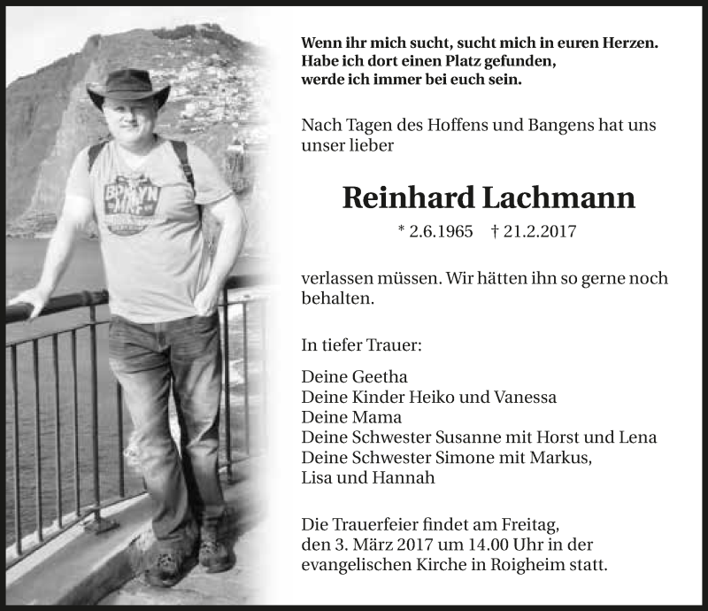  Traueranzeige für Reinhard Lachmann vom 25.02.2017 aus 