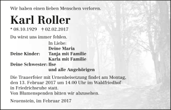 Traueranzeige von Karl Roller 