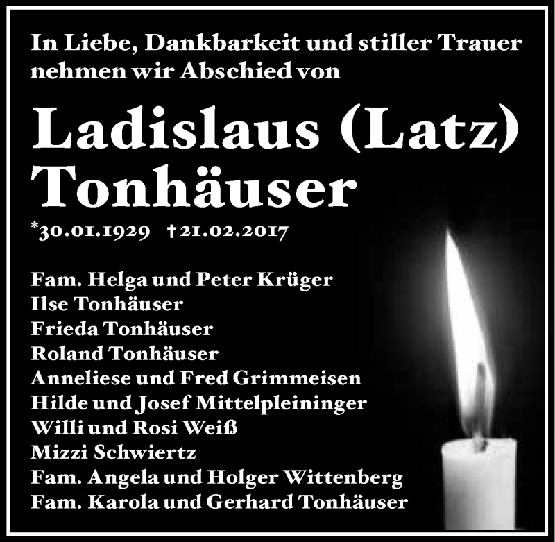  Traueranzeige für Ladislaus Tonhäuser vom 25.02.2017 aus 