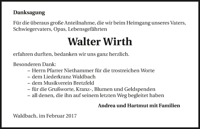  Traueranzeige für Walter Wirth vom 18.02.2017 aus 