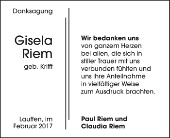 Traueranzeige von Gisela Riem 