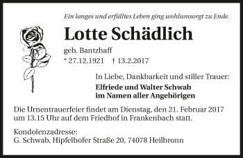 Traueranzeige von Lotte Schädlich 