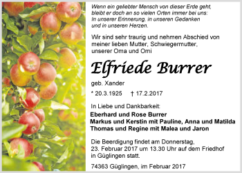 Traueranzeige von Elfriede Burrer 