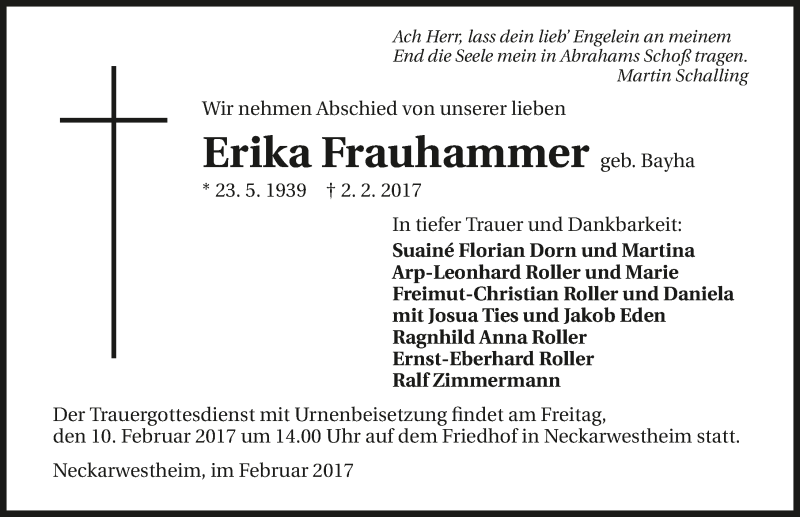  Traueranzeige für Erika Frauhammer vom 07.02.2017 aus 