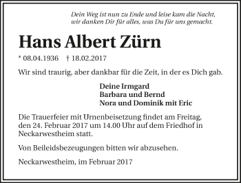 Traueranzeige von Hans Albert Zürn 