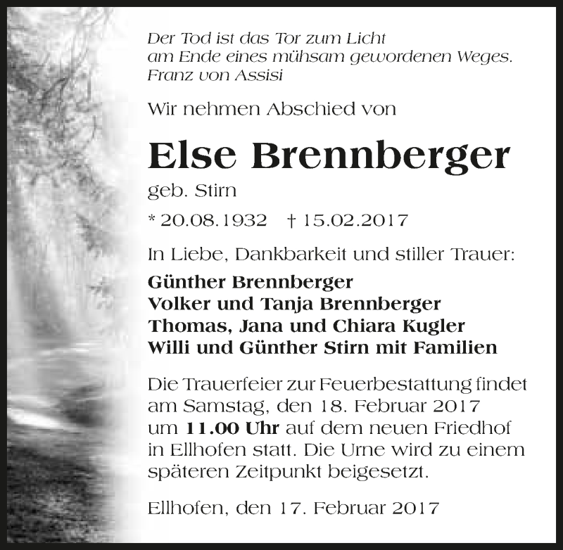  Traueranzeige für Else Brennberger vom 17.02.2017 aus 