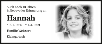 Traueranzeige von Hannah  
