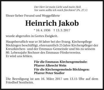 Traueranzeige von Heinrich Jakob 