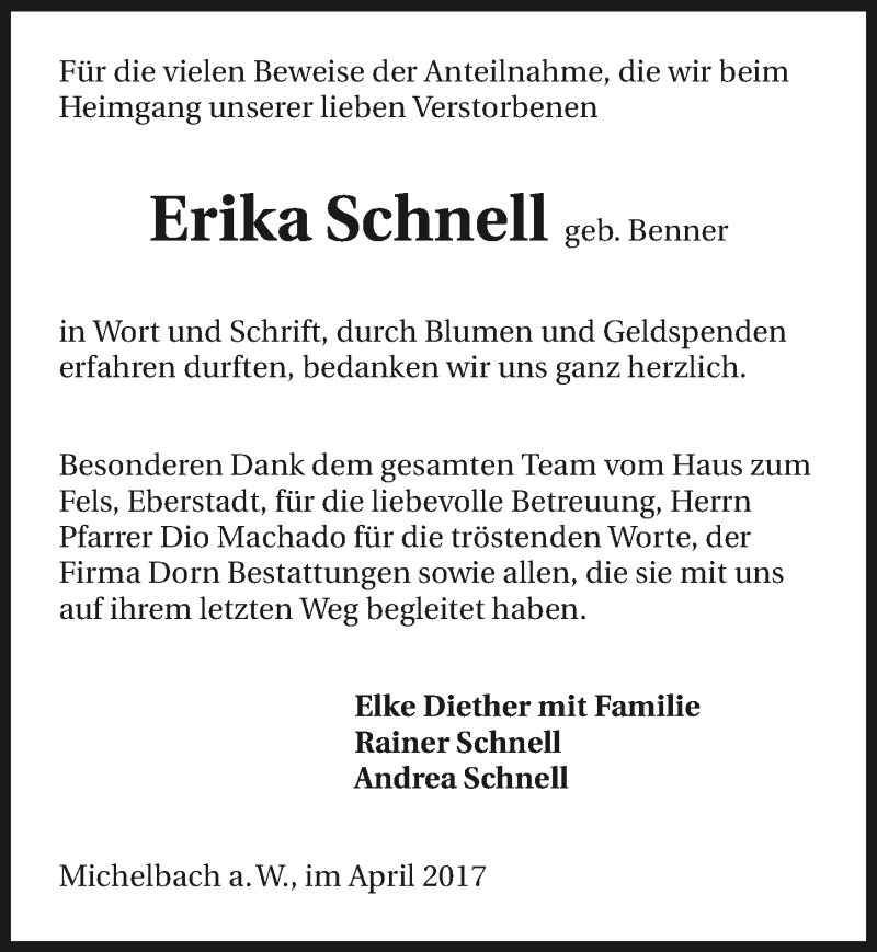  Traueranzeige für Erika Schnell vom 01.04.2017 aus 
