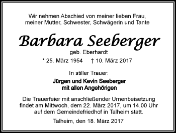 Traueranzeige von Barbara Seeberger 