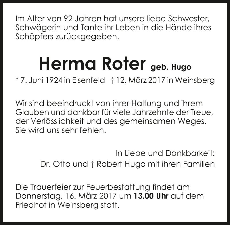  Traueranzeige für Herma Roter vom 15.03.2017 aus 