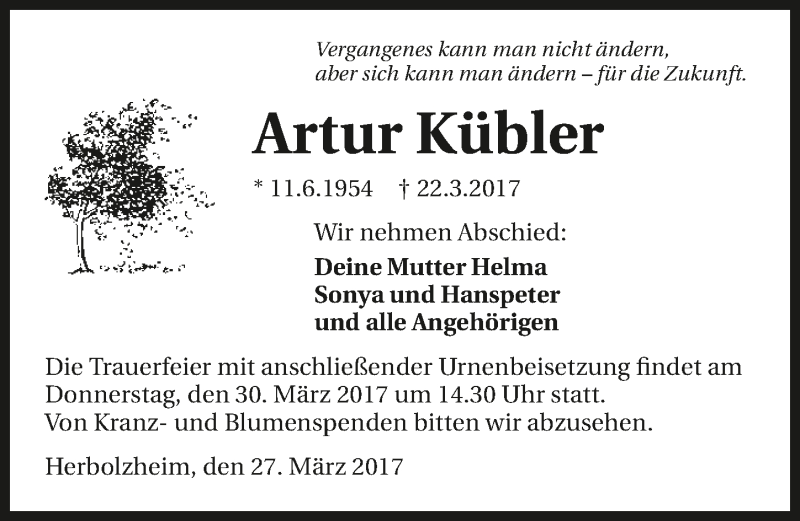  Traueranzeige für Artur Kübler vom 27.03.2017 aus 
