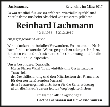 Traueranzeige von Reinhard Lachmann 