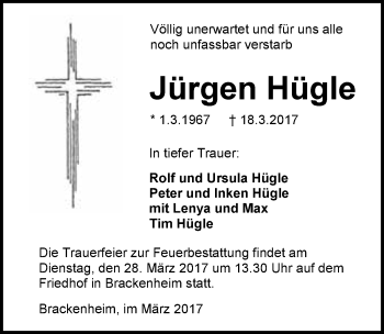 Traueranzeige von Jürgen Hügle 