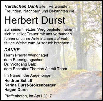 Traueranzeige von Herbert Durst 