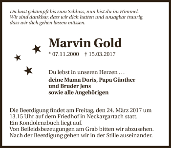 Traueranzeige von Marvin Gold 
