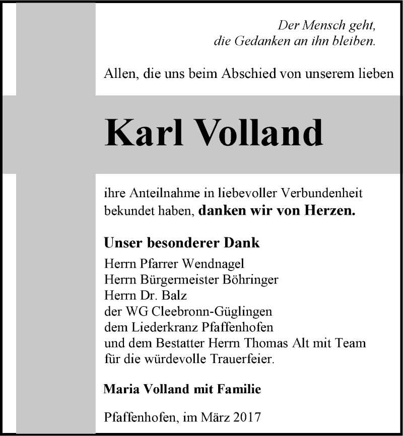 Traueranzeige für Karl Volland vom 11.03.2017 aus 