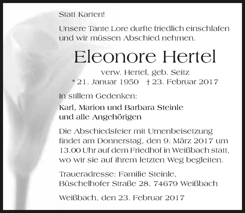 Traueranzeige für Eleonore Hertel vom 06.03.2017 aus 