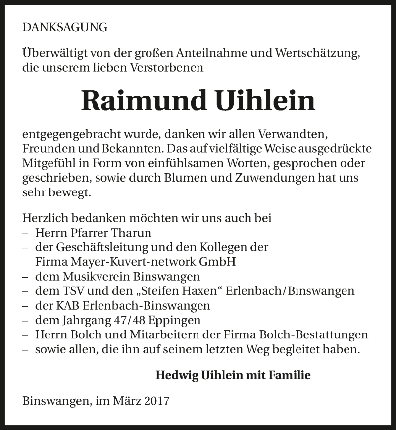 Traueranzeige für Raimund Uihlein vom 22.03.2017 aus 