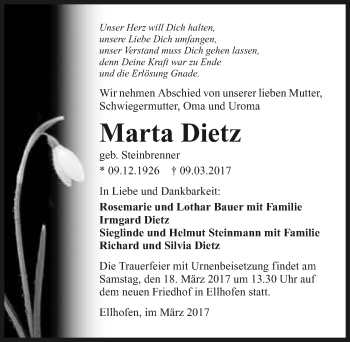 Traueranzeige von Marta Dietz 