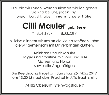Traueranzeige von Cilli Mauler 