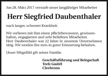 Traueranzeige von Siegfried Daubenthaler 