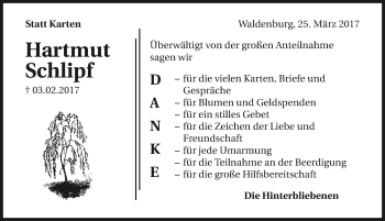 Traueranzeige von Hartmut Schlipf 