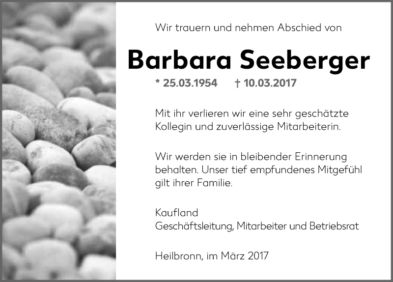  Traueranzeige für Barbara Seeberger vom 18.03.2017 aus 