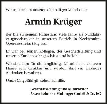 Traueranzeige von Armin Krüger 