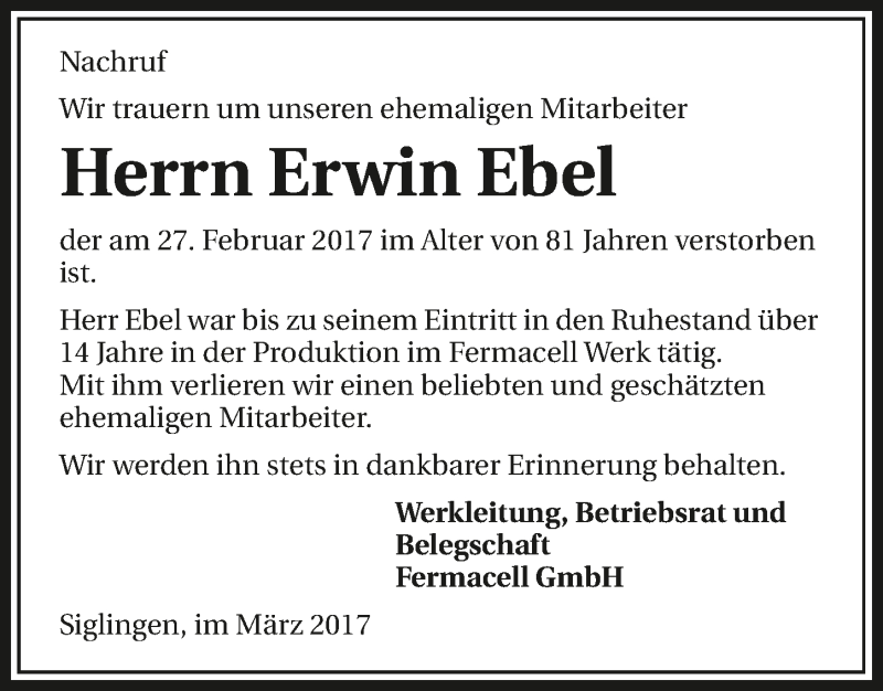  Traueranzeige für Erwin Ebel vom 04.03.2017 aus 