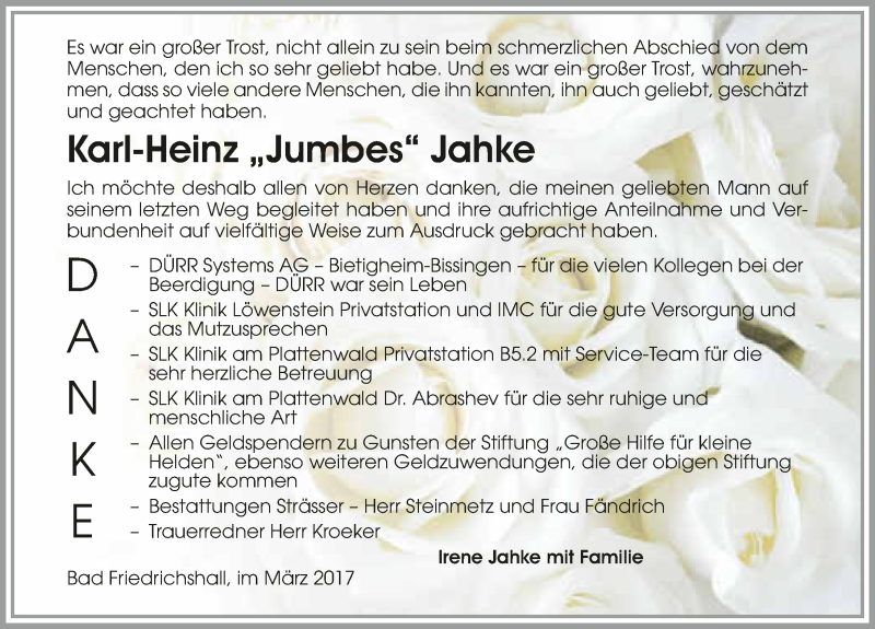  Traueranzeige für Karl-Heinz Jahke vom 18.03.2017 aus 
