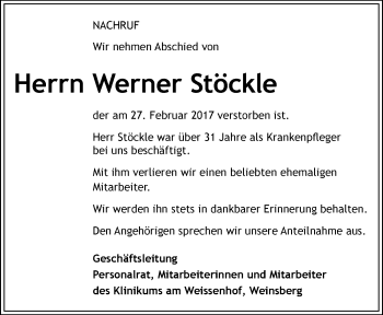 Traueranzeige von Werner Stöckle 