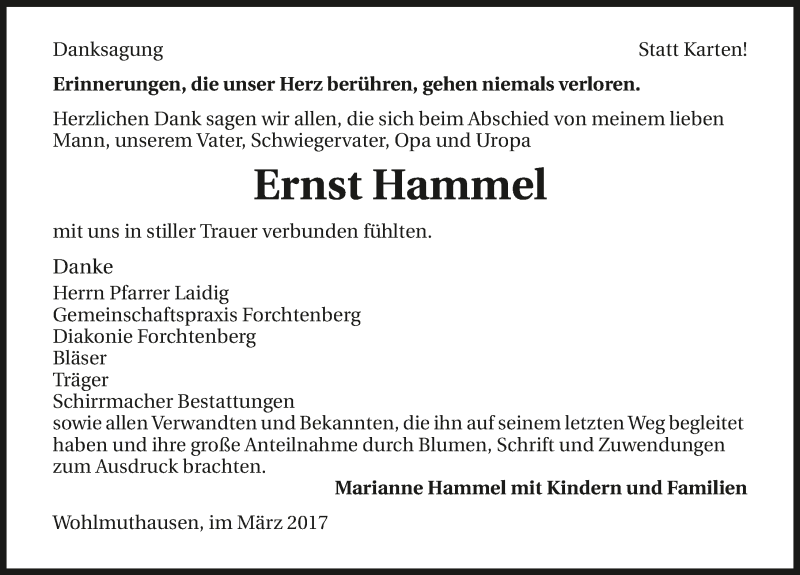 Traueranzeige für Ernst Hammel vom 25.03.2017 aus 