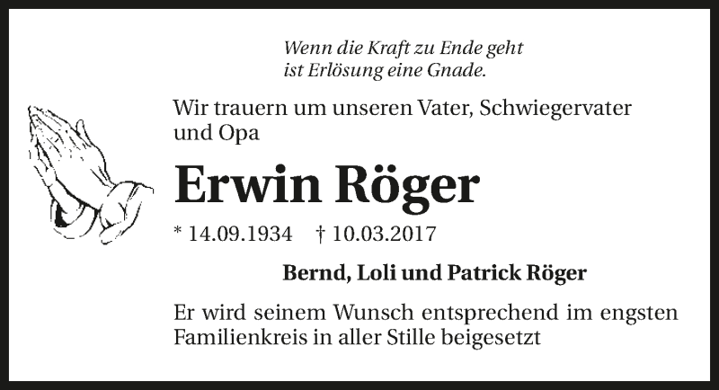  Traueranzeige für Erwin Röger vom 14.03.2017 aus 