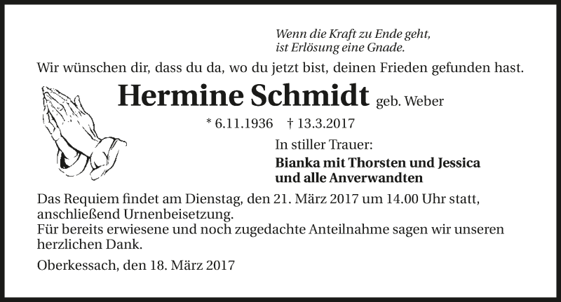  Traueranzeige für Hermine Schmidt vom 18.03.2017 aus 