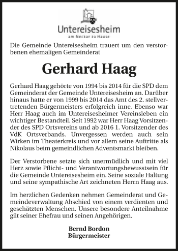 Traueranzeige von Gerhard Haag 