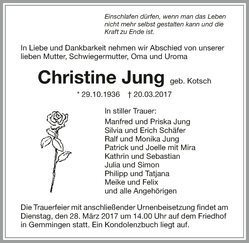  Traueranzeige für Christine Jung vom 22.03.2017 aus 