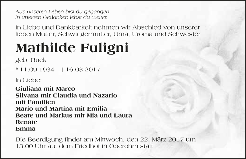  Traueranzeige für Mathilde Fuligni vom 20.03.2017 aus 