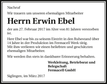 Traueranzeige von Erwin Ebel 