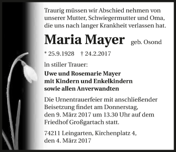 Traueranzeige von Maria Mayer 