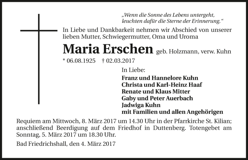 Traueranzeige für Maria Erschen vom 04.03.2017 aus 