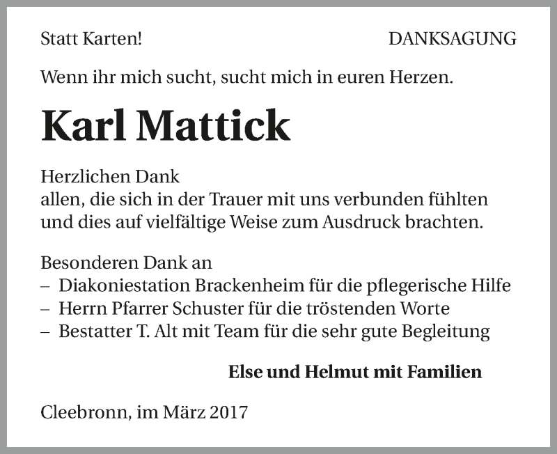  Traueranzeige für Karl Mattick vom 07.03.2017 aus 