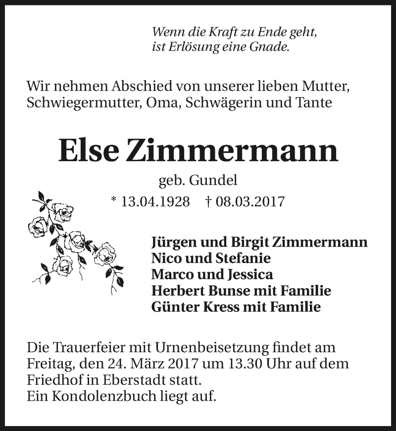  Traueranzeige für Else Zimmermann vom 20.03.2017 aus 