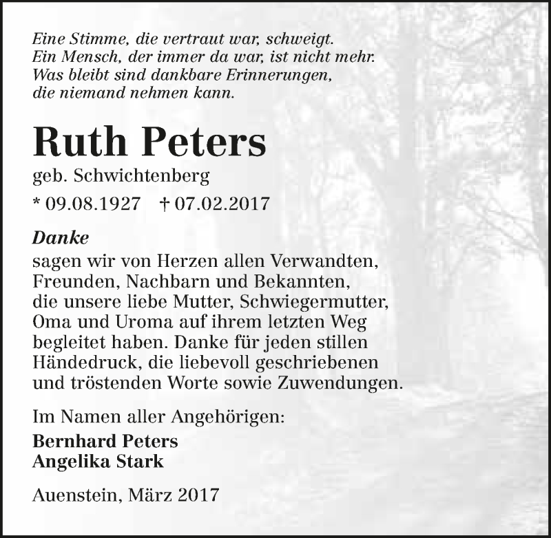  Traueranzeige für Ruth Peters vom 10.03.2017 aus 