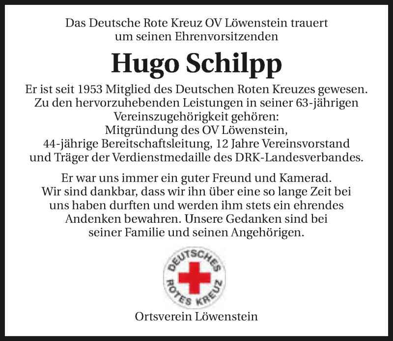  Traueranzeige für Hugo Schilpp vom 08.03.2017 aus 