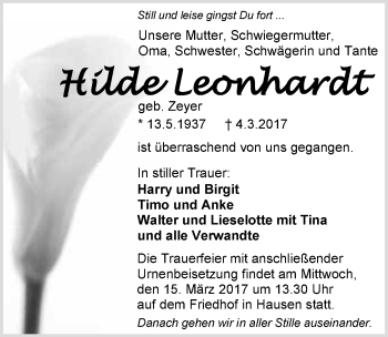 Traueranzeige von Hilda Leohnhardt 