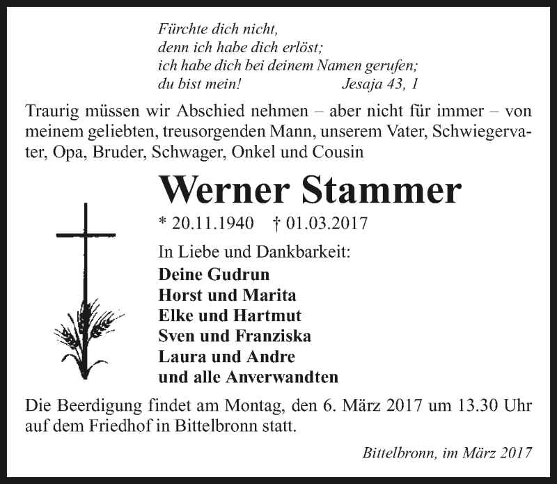  Traueranzeige für Werner Stammer vom 04.03.2017 aus 
